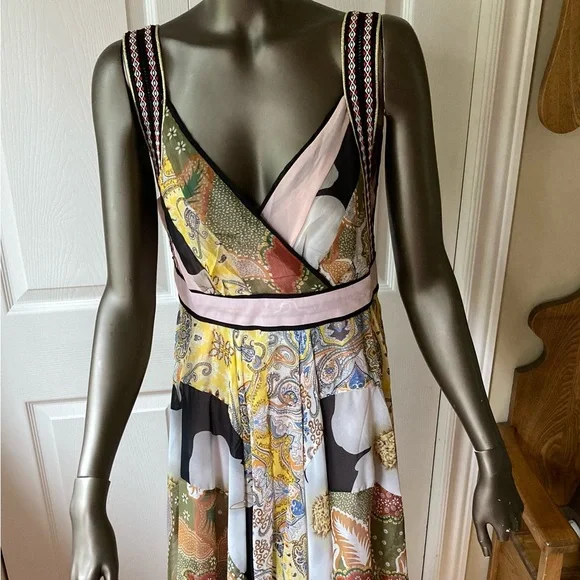 Coco+Carmen EUC chiffon multi fabric dress with contrast embroidered trim. - Picture 2 of 11